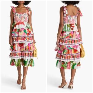 Farm Rio Ruffled Printed Swiss Dot Cotton Midi Dress